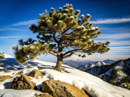 Pine tree on the top of a mountain with snow and blue sky