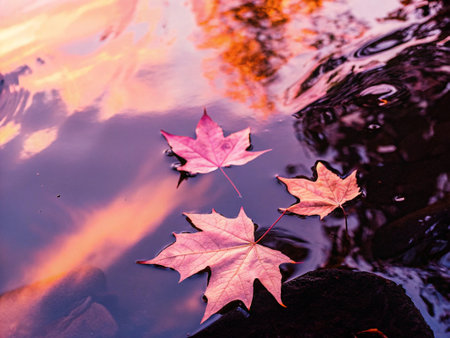 Autumn maple leaf floating on the surface of the pond with reflection