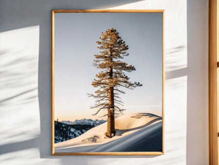 Photo frame on the wall with a tree in the foreground. Winter landscape