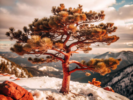Pine tree on the top of the mountain. Winter landscape.