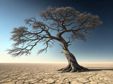 Conceptual 3D black dry tree on desert background with blue skyの写真素材