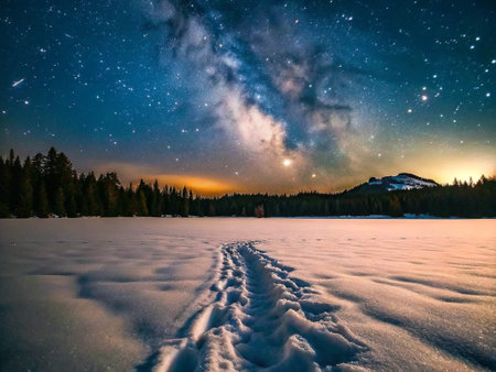 Milky way over frozen lake in mountains at night with footprints in the snow