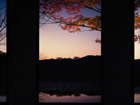 Autumn leaves and lake view from the window, South Korea.