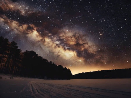 Milky way over the frozen lake in the forest. Winter landscape.