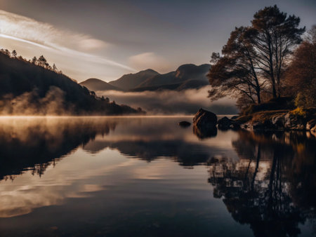 Beautiful Autumn Fall landscape image of Lake District England with mist rising over the lake