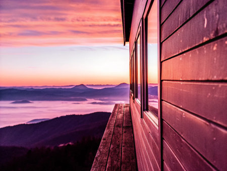 Wooden cabin on the top of the mountain with a view of the valley.の写真素材