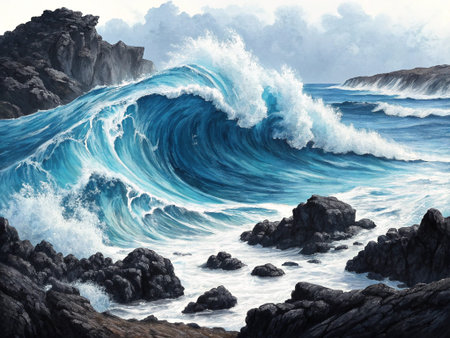Watercolor illustration of ocean waves breaking on the rocks. Digital painting