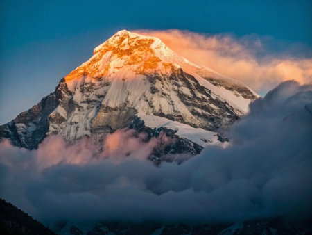 Peak of Mount Annapurna in the Himalayas, Nepalの写真素材