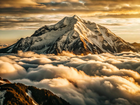 Aerial view of snow-capped mountains and clouds at sunset