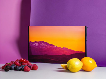 Composition with a photo of the mountains and fruit on a purple background