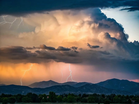Thunderstorm over the mountains at sunset. Dramatic sky with lightning