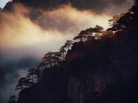 Sunrise in the misty mountains of Huangshan, Chinaの写真素材