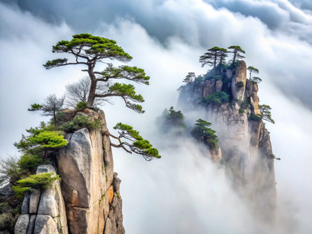 Pine tree on top of the mountain in Huangshan, Chinaの写真素材