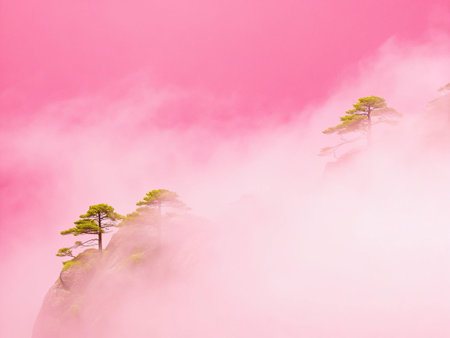 Pine trees in the fog on the top of the mountain.