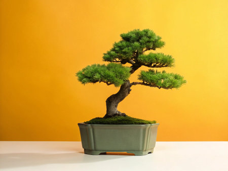 Bonsai tree in a pot on a white table and orange background