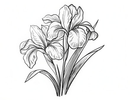 Illustration of iris flowers in black and white. Hand drawing.の写真素材
