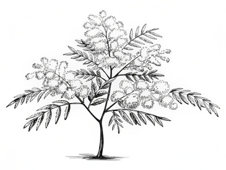 Sketch of acacia branch isolated on white background. Hand drawn illustration.の写真素材