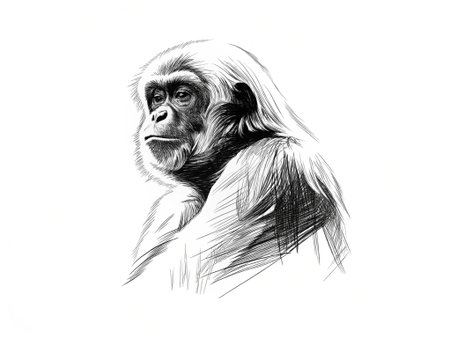 Chimpanzee. Ink black and white drawing of a monkey