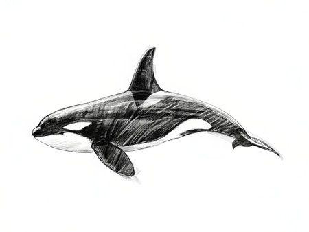 Killer whale. Ink black and white drawing on white paper.