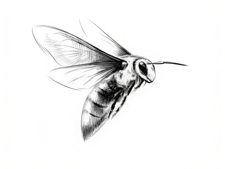 hand drawn bee on white background, sketch illustration, monochrome