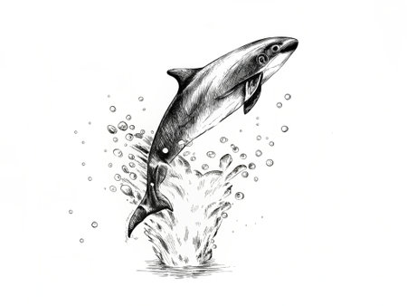Drawing of a shark jumping out of water on a white backgroundの写真素材