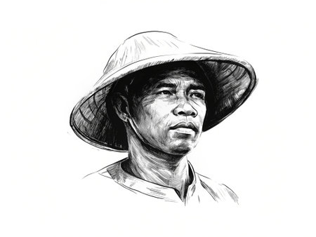 Vietnamese farmer. Ink black and white drawing on paper.