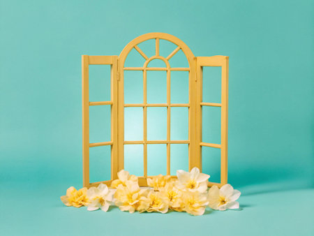 Wooden window with yellow narcissus flowers on a blue background.
