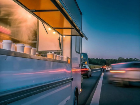 Caravan on the highway at night. Blurred motion. Long exposure.の写真素材