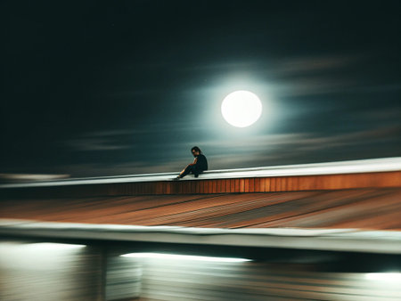 Man sitting on the bridge at night with moon in the background.