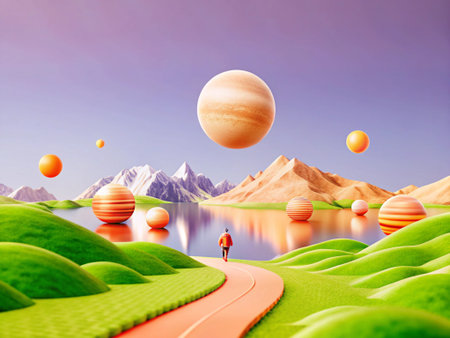 Man running on the path to planets. 3D Rendering.