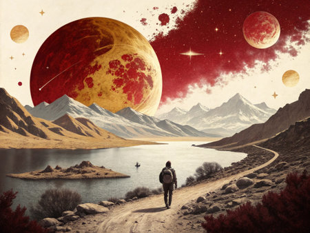 Fantasy landscape with mountains, lake, moon and man with backpack
