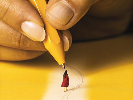Miniature people : Businessman working with a yellow pen on yellow background