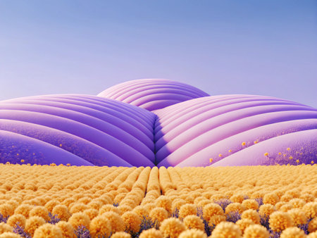 Abstract 3d illustration of a lavender field with yellow flowers.