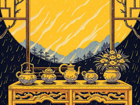 Vintage vector illustration of a tea set on a table in the windowの写真素材