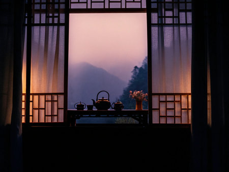Morning tea ceremony on the window with foggy mountain in the background