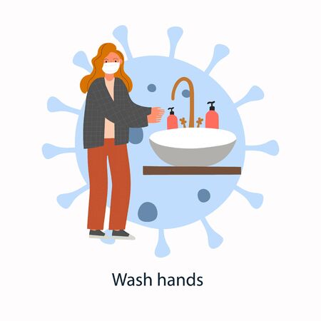 Whole world battles Coronavirus outbreak. Human pandemic. Wash your hands. Web banner with washing hands women in masksのイラスト素材