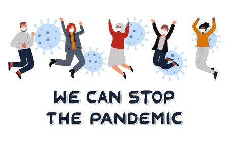 Whole world battles Coronavirus outbreak. Human pandemic. Coronavirus 2019-nC0V Outbreak. Web banner with people in masks and text We can stop the pandemicのイラスト素材