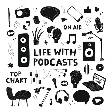 Podcasts concept clipart. Black flat icons for blogging and vlogging. Live streaming. Vector illustrationのイラスト素材