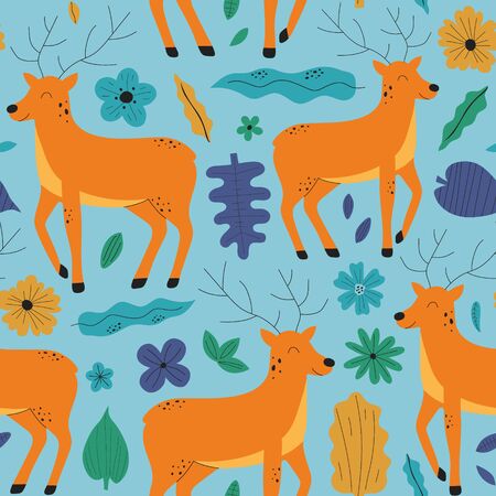 Hand drawn colorful background with deers, flowers and leaves. Cute kids style seamless pattern design. Vector illustrationのイラスト素材