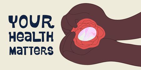 Female healthcare campaign flat vector banner template. Afro-american women hands holding yoni egg with text Your health matters.のイラスト素材