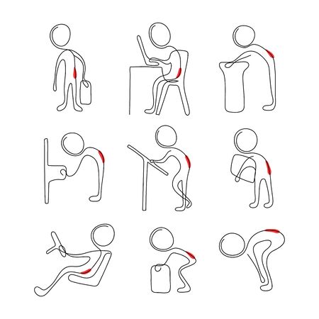 Collection of correct and poor postures during everyday people activities. Simple stick figure for using in card, banner, brochure. Vector illustrationのイラスト素材