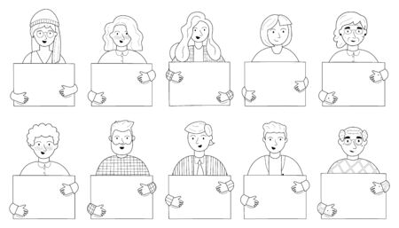 Simple outline people portraits with a blank placard in their hands isolated on white background. Trendy man and women carrying empty banner with a place for text. Flat vector illustrationのイラスト素材