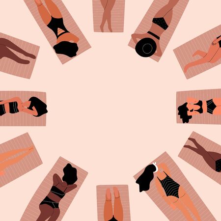 Modern frame with multiracial women of different figure type and size dressed in trendy swimsuits. Girls sunbathe on beach mats. Illustration with copy space for text. Vectorのイラスト素材