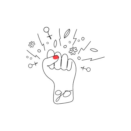 Women's fist hand drawn t-shirt print. Girl hand with flowers and women symbols one line style. Postcard, banner, poster designのイラスト素材