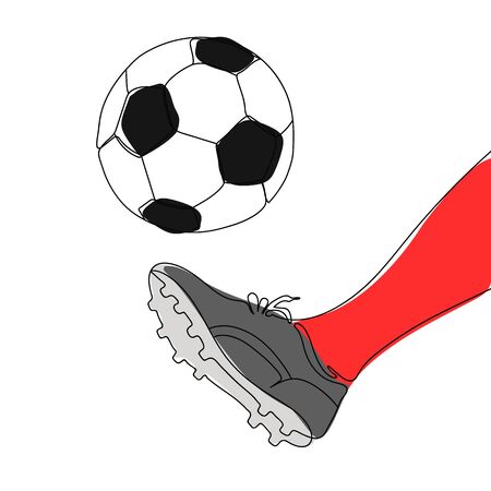 Football player leg with ball  hand drawn color illustration. Modern one line design. Scoring goal football player. Football championshipのイラスト素材
