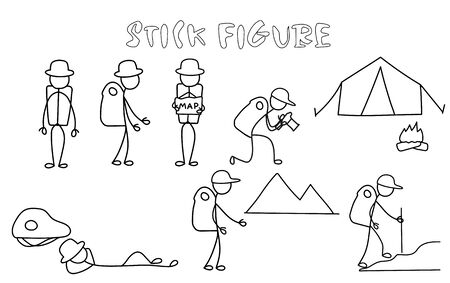 Set of stick figure backpackers. Simple drawing tourist pictures. Camping trip vector illustrationのイラスト素材