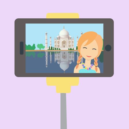 Happy beautiful girl make a selfie with mobile phone in India. Travel around the world. Flat style colorful cartoon illustration in vectorのイラスト素材