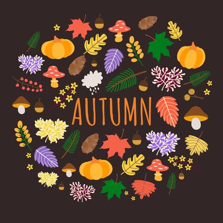 Colorful autumn background with leafs, pumpkins and mushrooms. Vector illustration for your designのイラスト素材