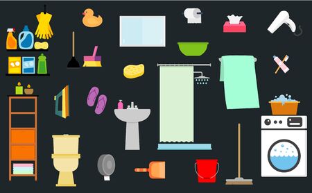 Vector illustration with bathroom objects. Vector background with bathroom soap, bathroom cosmetics, bathroom duck, bathroom towel, mirror, brush. Cartoon cute bathroom conceptのイラスト素材