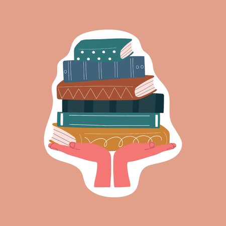 Hands holding stack of books illustration for sticker design. Hardback books with colorful covers. Back to school; literacy; library; reading; education; teaching; learning conceptのイラスト素材